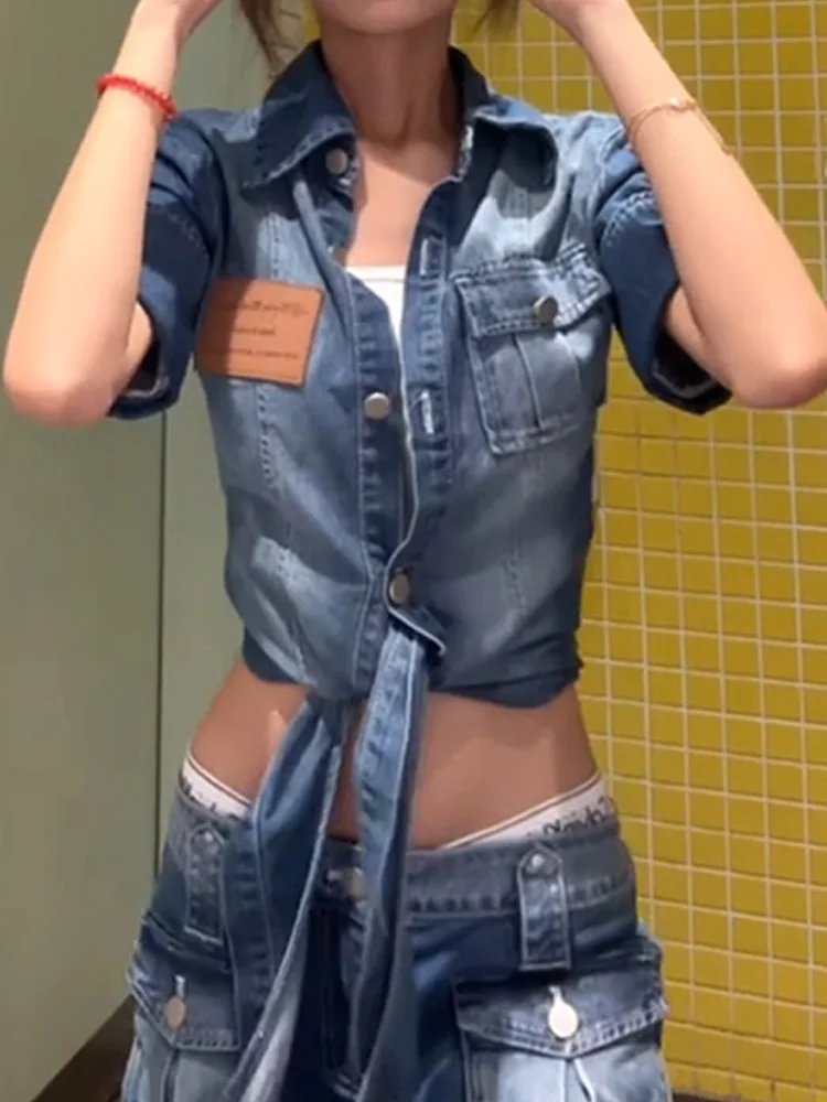 

Женская рубашка в американском стиле с коротким рукавом, регулируемой талией, присборенным низом, из мягкого тонкого денима, дышащая, с V-образным вырезом, на пуговицах