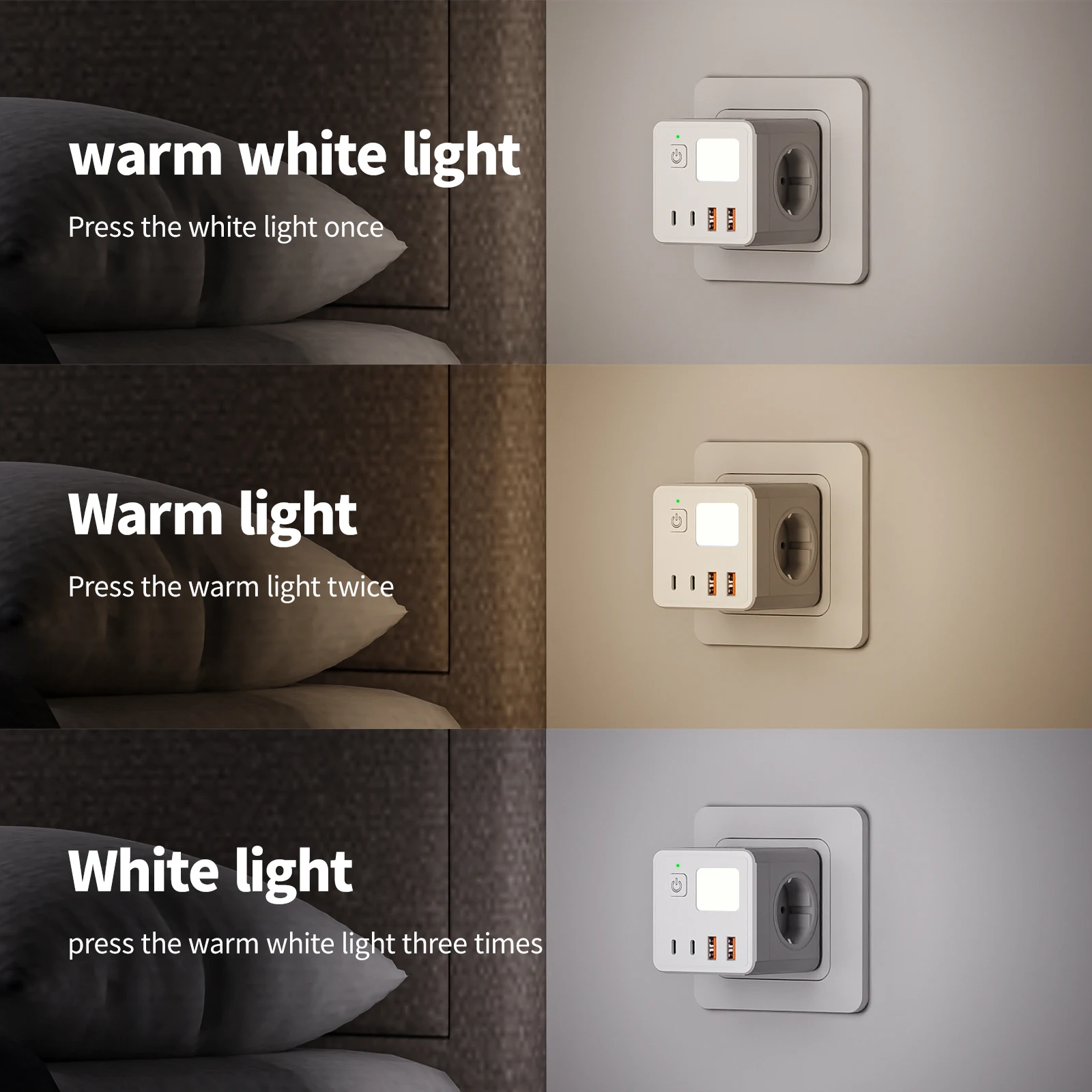 EU plug-in power adapter - wall-mounted dual sockets portable - 2 USB and 2 type interfaces - with night light function, suitabl