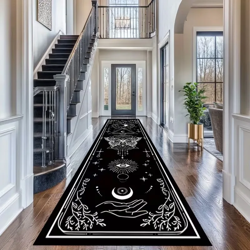 Lunar Mystic Butterfly Carpet Black Base with White Line Art Esoteric Symbols Rug Geometric Floor Mat for Meditation Spaces