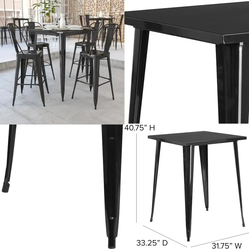 طاولة بارتفاع شريط مربع معدني أسود من الدرجة التجارية، 31.5 بوصة داخلية وخارجية EMMA + OLIVER، متينة للاستخدام المنزلي والفناء