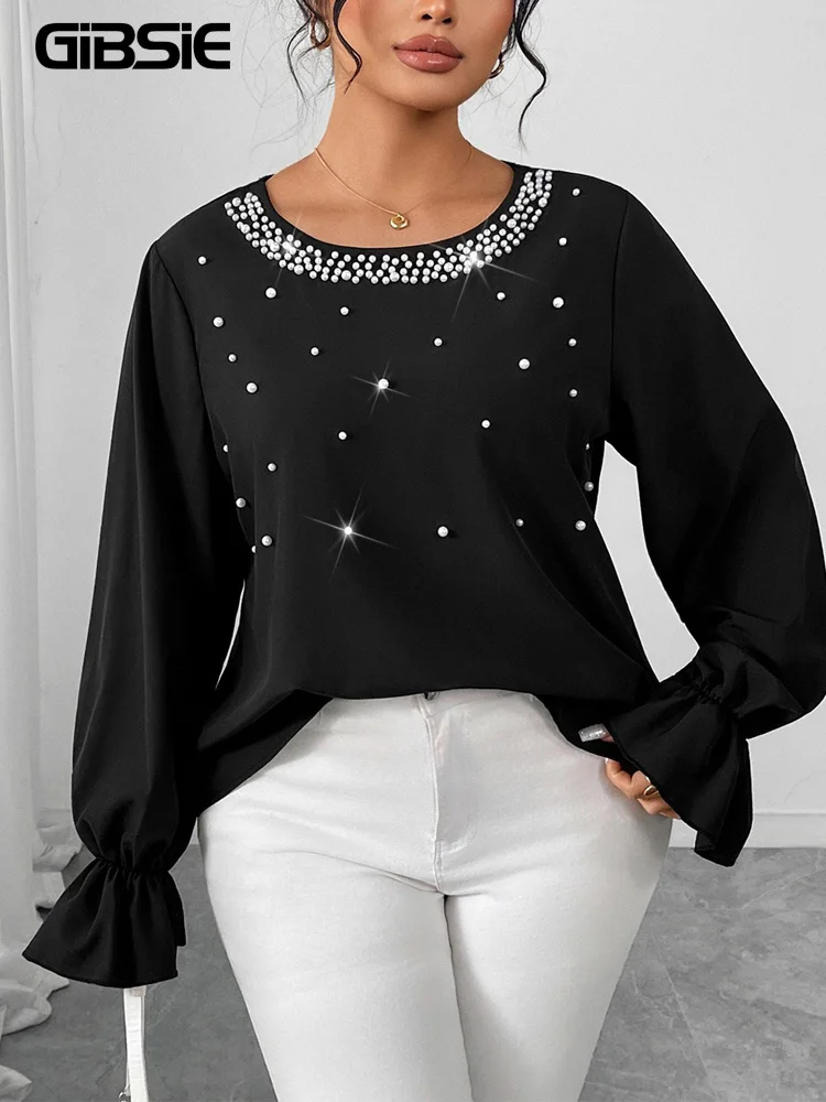 

Женский топ GIBSIE больших размеров с жемчугом и бисером, круглый вырез, весна 2026, новый черный элегантный офисный женский топ с длинными рукавами, свободные блузки, топы