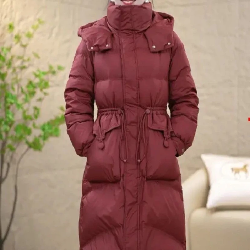 

New Winter 2025 Down Cotton-padded Jacket Women Long Knee-length Waist-cinching Thick Coat Ankela Red Cotton-padded Outwear