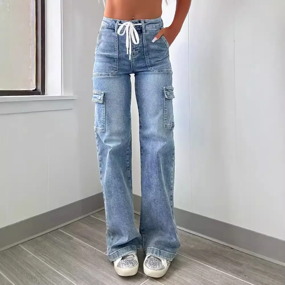 2026 New Straight Jeans Women's Casual Lace-up Overalls