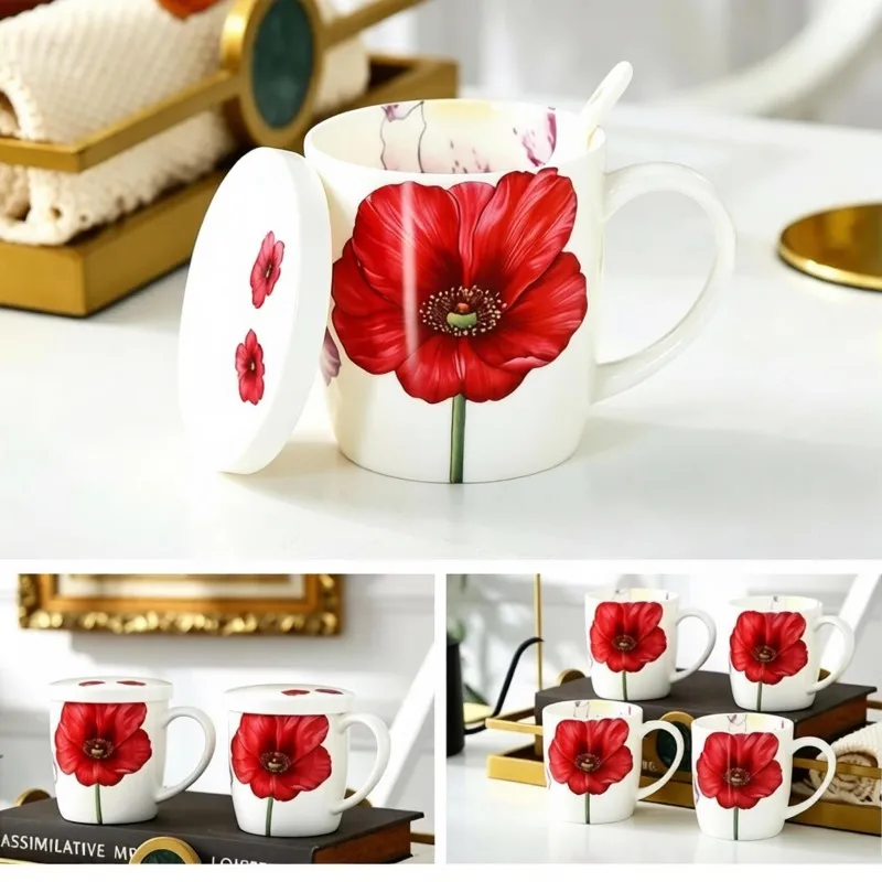 350ML, bone china mug with lid, bloomind design, cafe cup coffee, enamel mug for household gift, porcelain coffee mugs