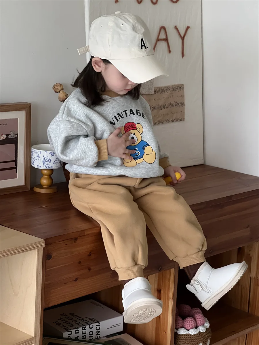 2025 inverno novo bebê velo roupas quentes conjunto meninos meninas dos desenhos animados urso moletom terno mais veludo grosso crianças calças de suor outfits