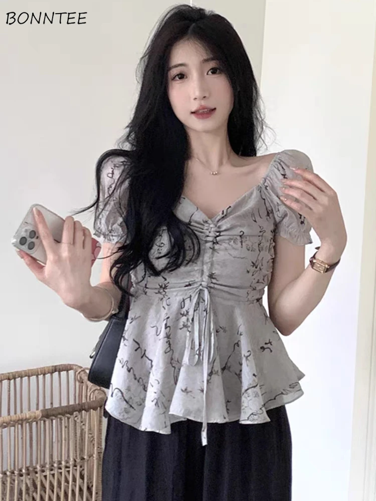 

Blouse Women Summer Design Elegant Tender Simple Shirring Ladies Folds Vintage Chinese Style Leisure Puff Sleeve All-match Cozy