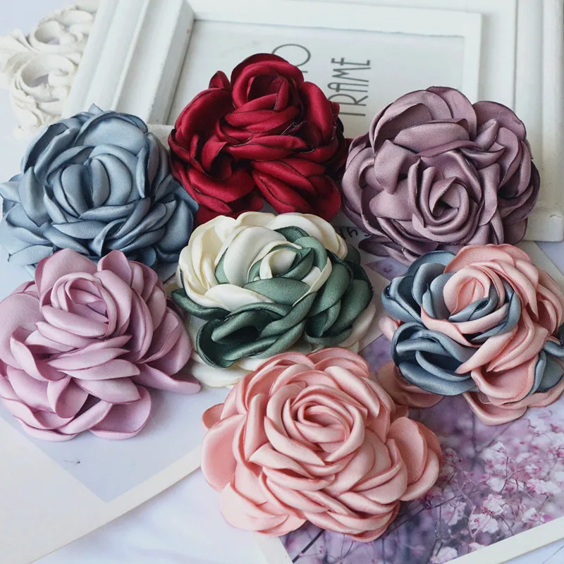 5PCS/Lot 8CM Large Satin Fabric Artificial Rose Flowers For Hats Dress Clothing Decoration DIY Brooches Hair Accessories