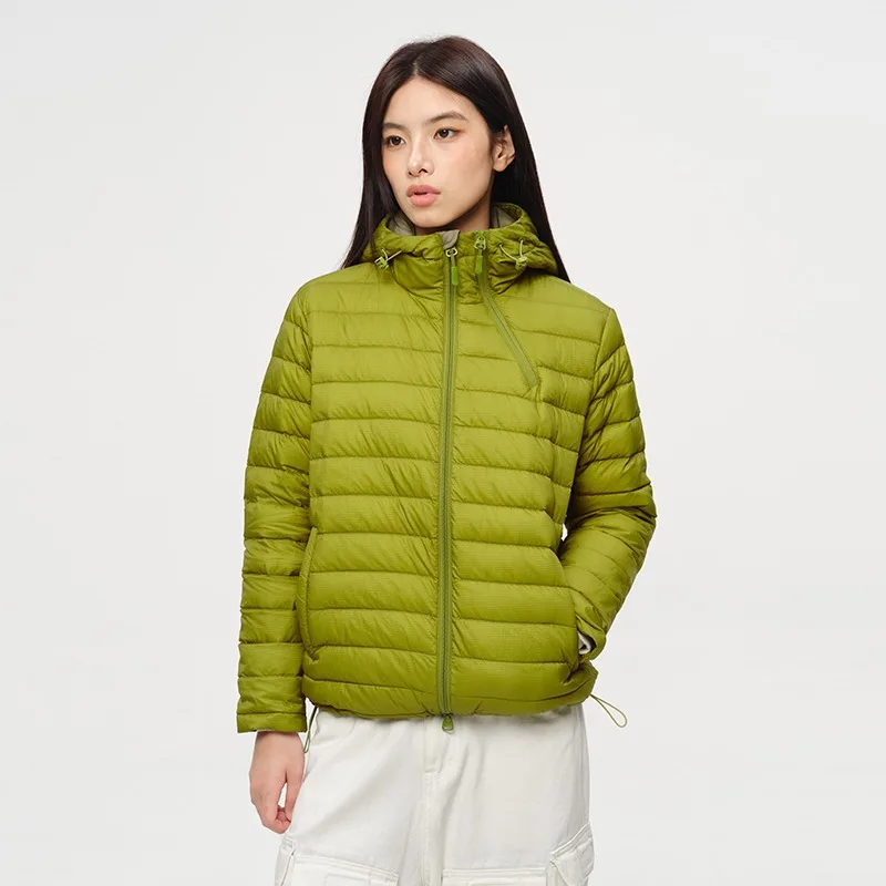 Womens Hooded Down Jacket Polyamide Horizontal Quilted Zip Front Long Sleeve Drawstring Hem Casual Short Coat Autumn Winter Wear