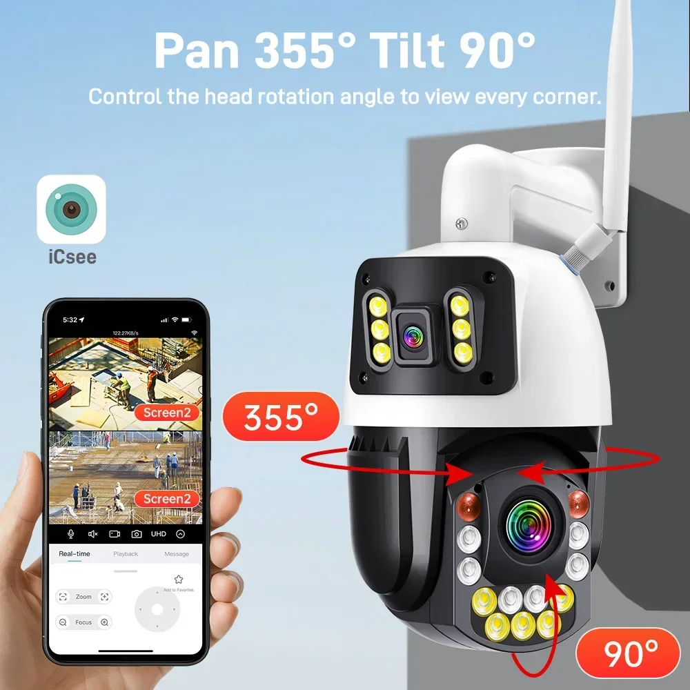 8MP Dual Screen Dual Lens Wifi Surveillance Camera 50X Zoom Auto Tracking Color Night Vision Outdoor PTZ Security Camera Icsee