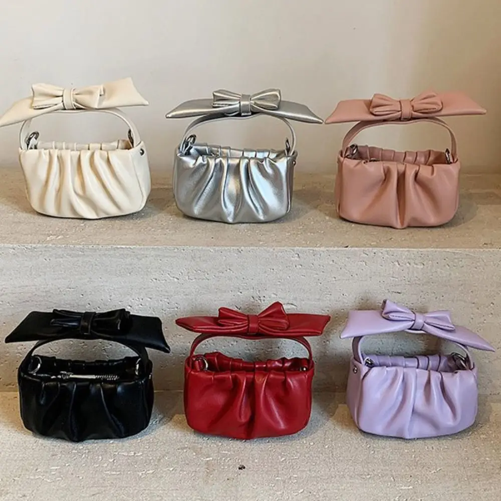 

Personalized Solid Color Bow Crossbody Bag PU Leather Mini Pleated Cloud Shoulder Bag Bowknot Cute Women Handbag Ladies