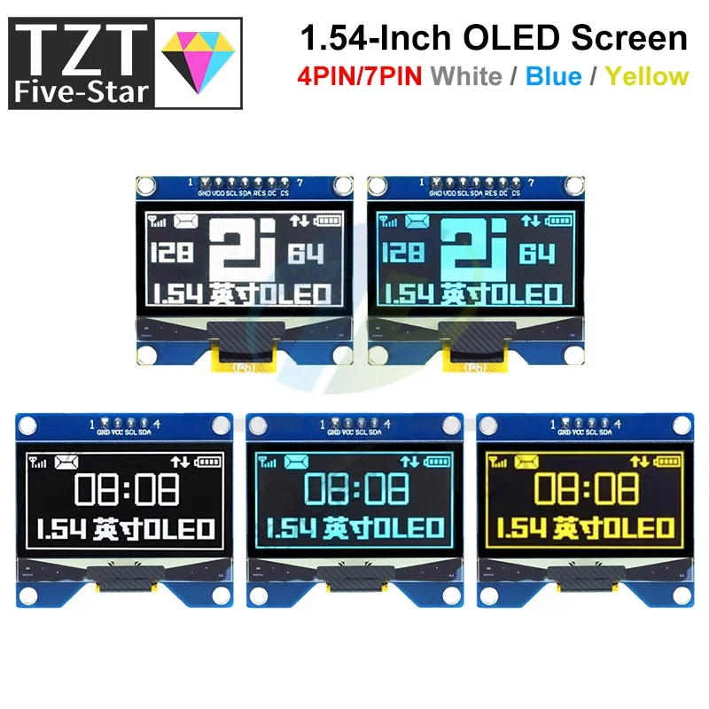1.54 inch 4PIN 7PIN White Blue Yellow OLED Screen Module TZT  CH1116 / SSD1309 Drive Compatible for SSD1306 SPI Interface 128*64
