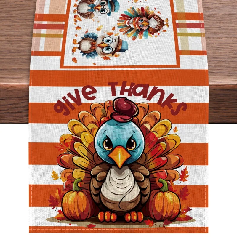 

Thanksgiving Cute Little Turkey Print Linen Table Runner Holiday Party Atmosphere Decoration Coffee Table TV Counter Cloth