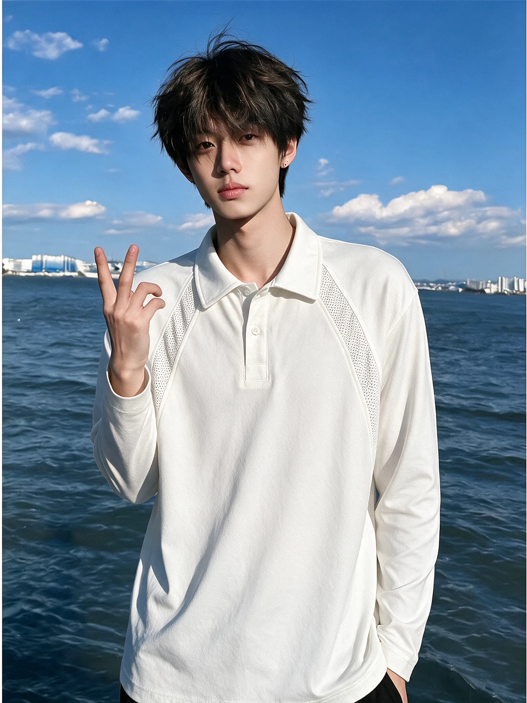White Mesh Breathable American  Shirt Men's Early Autumn Long Sleeve T-Shirt Fitness Sports Top Loose Fit Ice Silk Material