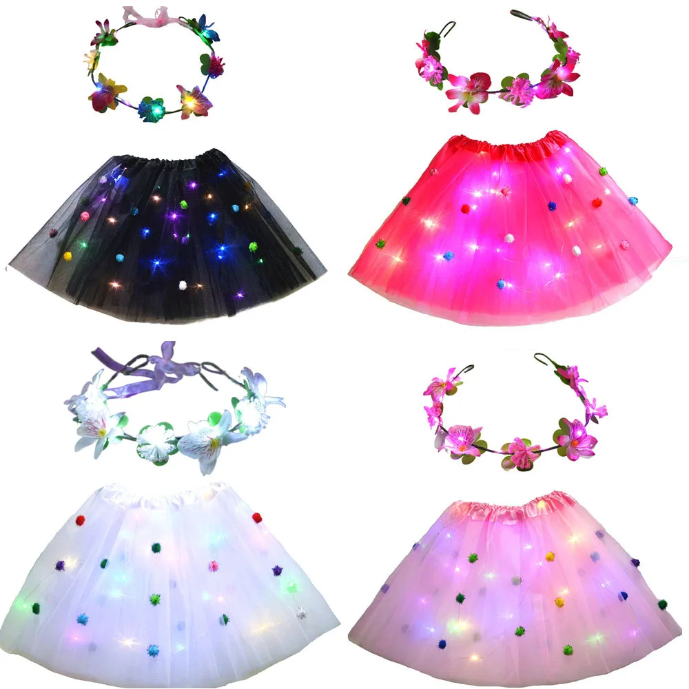 LED Light Up Pompon Ball Tutu Skirt Blinking Wreath Girl Neon Glow Hawaii Party  Birthday Gift  Festival Christmas Decoration