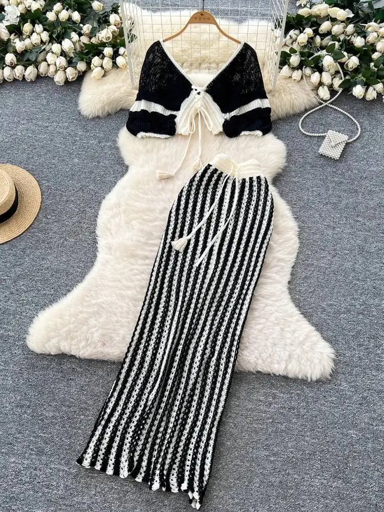 

Women Beach Two Piece Sets Knitted Outfit Summer Sexy Lace Up Short Knitted Cover Crop Top High Waisted Wrap Skirt Boho Suits