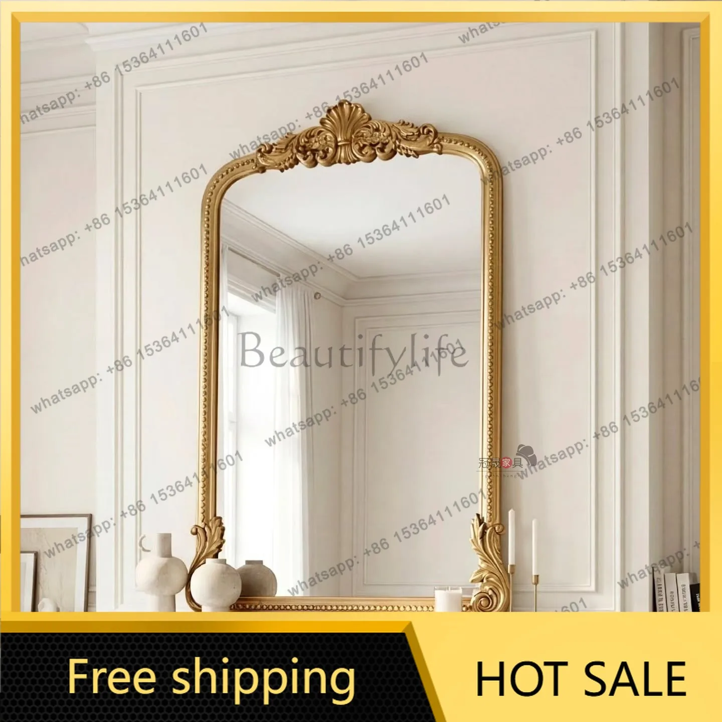 French light luxury arched full-length mirror,  bedroom floor-to-ceiling engraved European-style fireplace decorative mirror