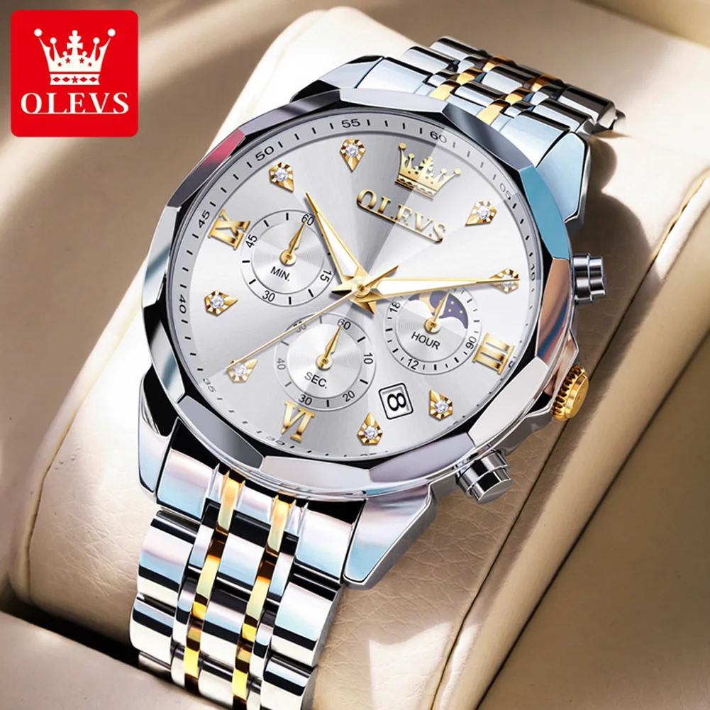 OLEVS 3670 Original Quartz Watch For Men Three Dials 24-hour Moon Phase Luminous Function 30m Waterproof Calendar Window Watch