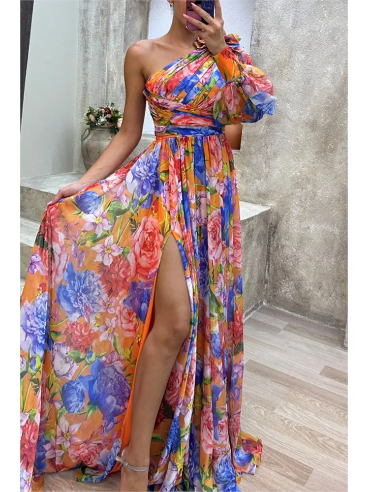 

Vestidos Para Mujer Women's One Off Shoulder Holiday Dress Skew Collar Fashion Party Dresses Print Ladies Commuting Long Dresses