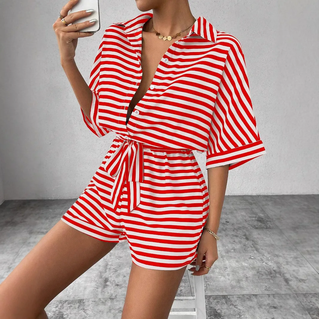 Women's Jumpsuit Striped Lapel Cardigan Button Up Mid Sleeve Waist Belt Shorts Set 2025