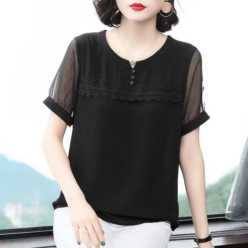 New Summer Women\'s Solid O-Neck Short Sleeve Loose Plus Size Classic Blouse Patch Lace Fashion Casual All Match Commute Tops