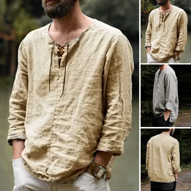 Mens Shirts Spring Autumn New Casual Loose Solid Color Drawstring Long Sleeve Shirt Cotton Linen Stand Up Collar Shirt