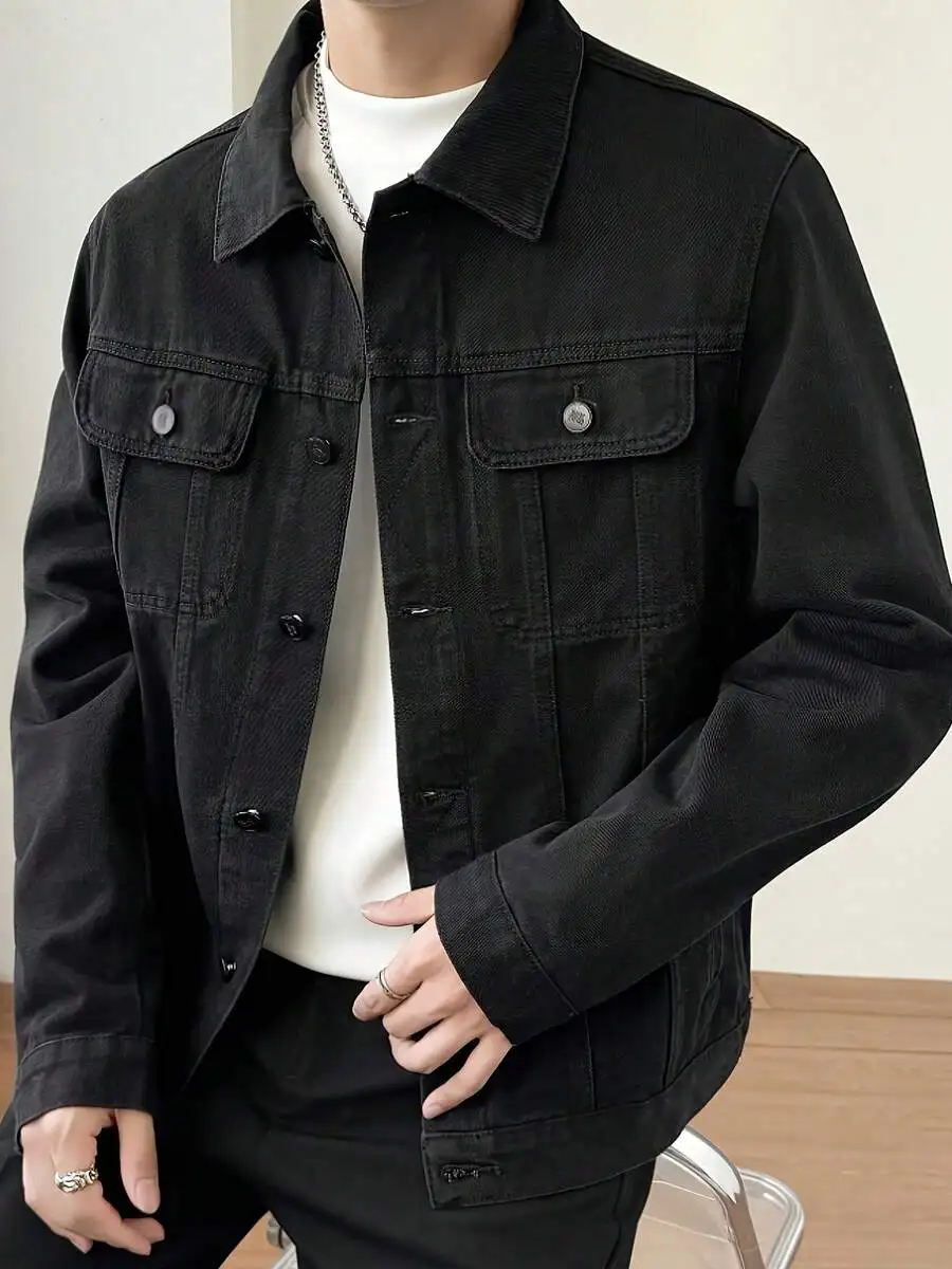 

Mens Black Denim Jacket American Retro Style Casual Slim Fit Open Front Button Closure