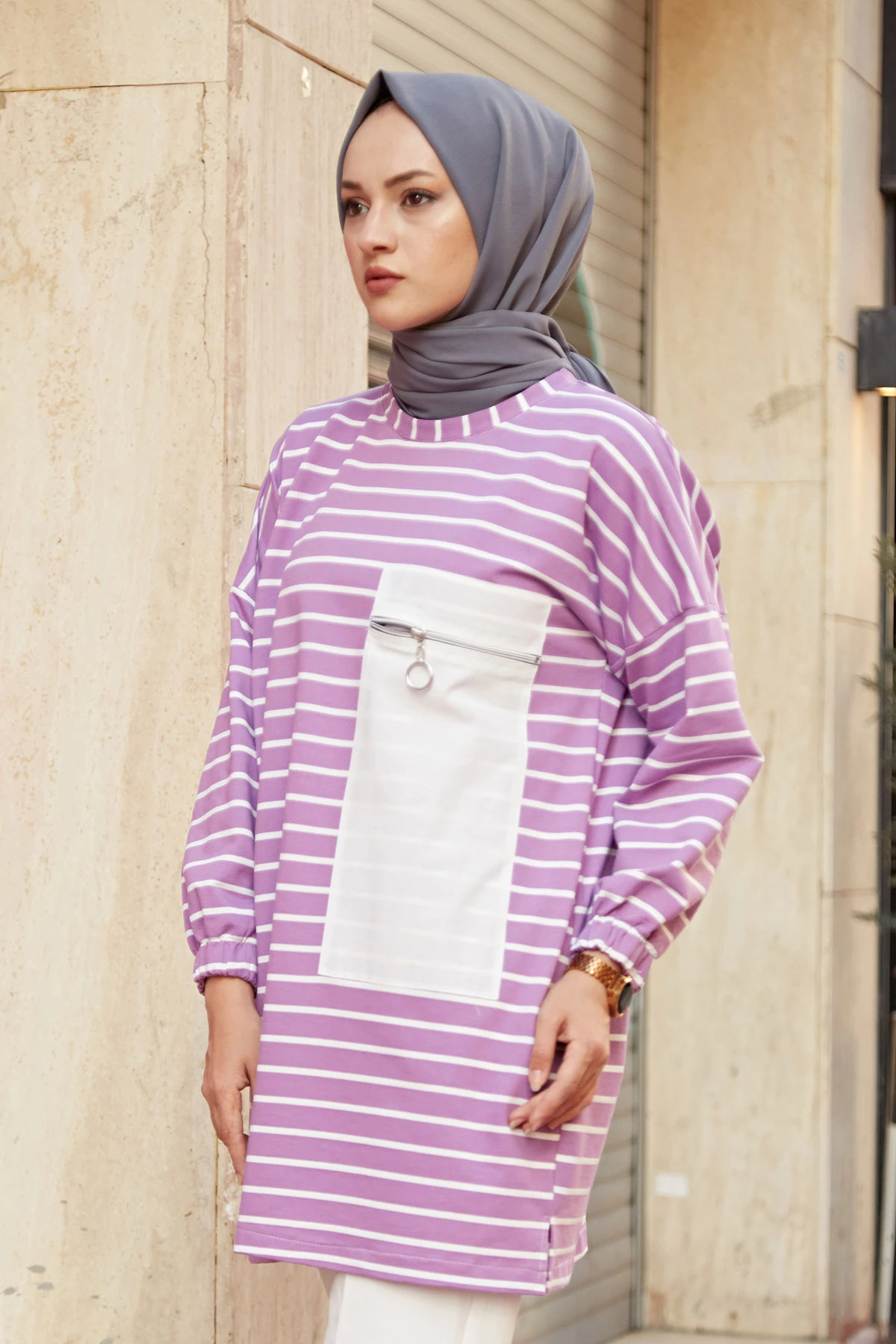 MDI Striped Sportswear Tunic-Lilac