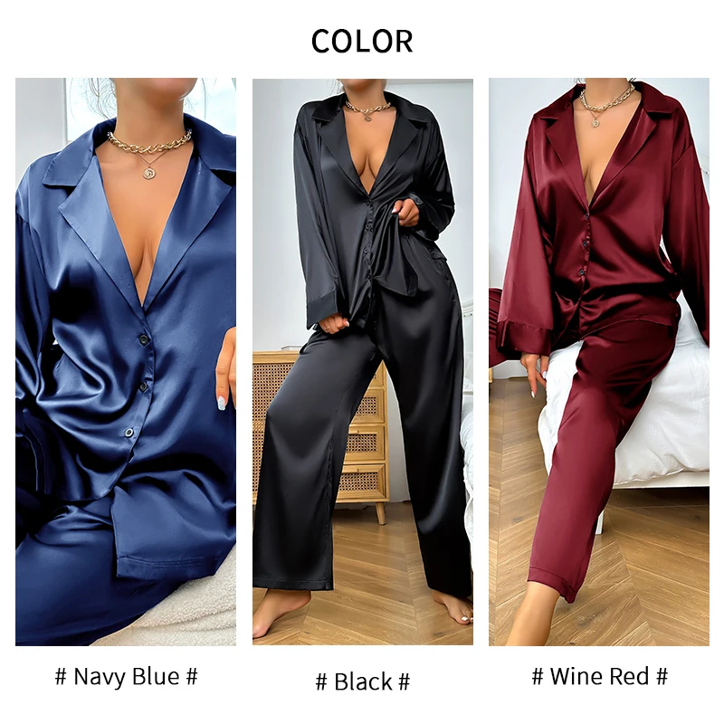 Women\'s Home Clothes Satin Silk Sleepwear Low Cut Sexy Pajamas For Femme Single-Breasted Long Sleeves Wide Leg Pants Trouser Set