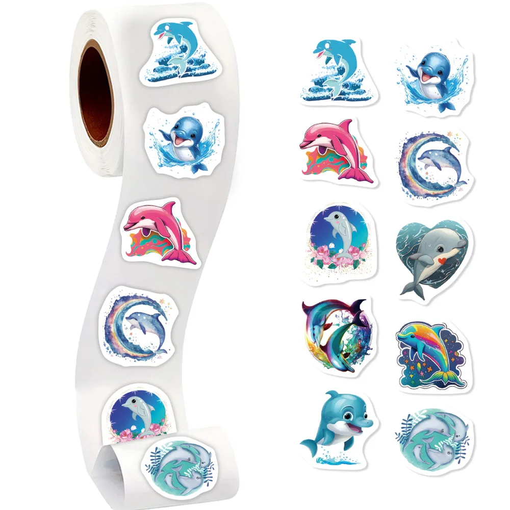 500Pcs/Roll Heterotypic Cute Dolphins Stickers 2.5cm/1.0\'\' 10 Designs DlY Decoration Learning Rewards Scrapbook Labels