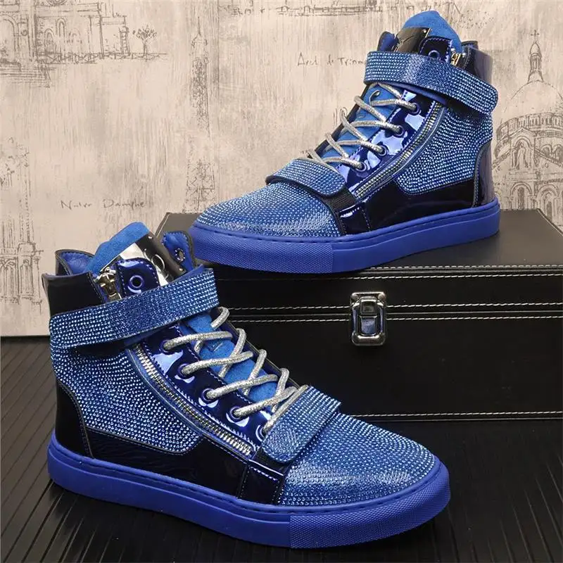 Bling Bling Men Rhinestones Sneakers Hook & Loop Lace-up Casual Sports Shoes Shiny Flats Unisex Sneaker Suit for Both Men Women