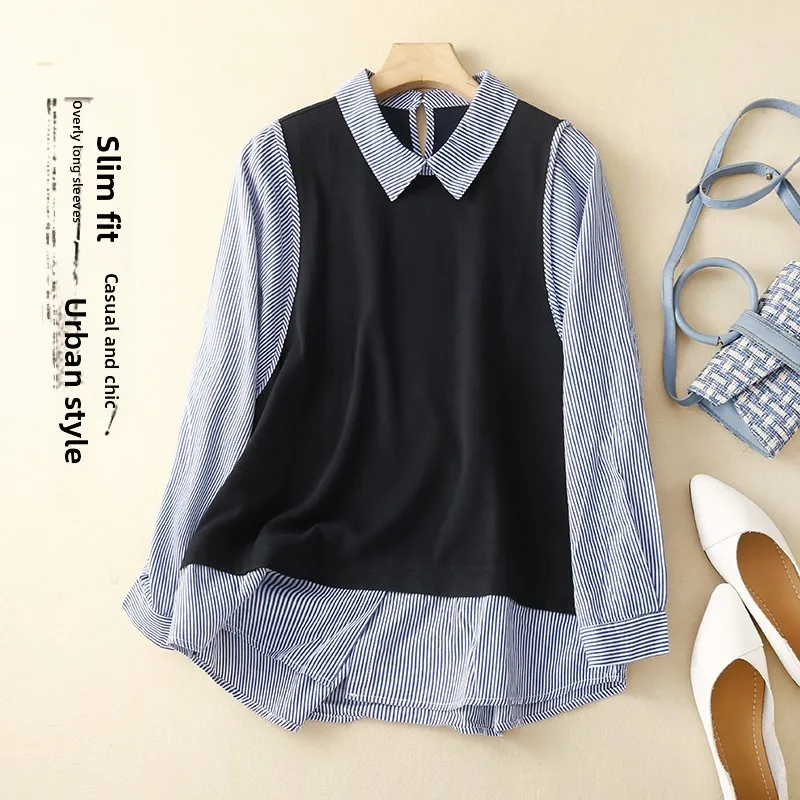 Ele Color Blo Gestreepte Ne Loose Long Sve Dames irt Casual Sle Button Detail Overhead Top Herfstkleding