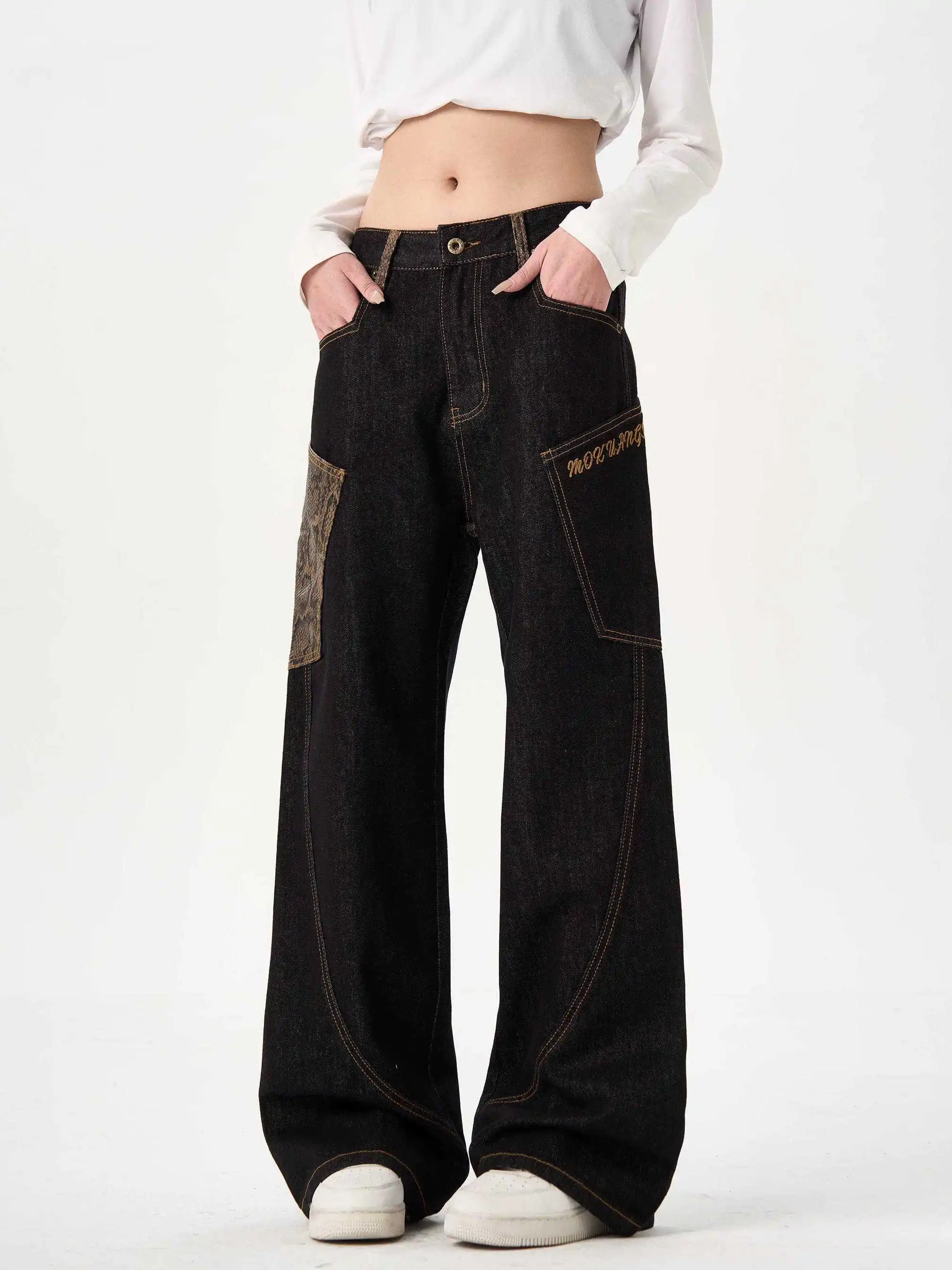 

American High Street Snake Year Limited Original Bull Black Mamba Curved Knife Python Black Jeans Wide Leg Men's Pants Trendy