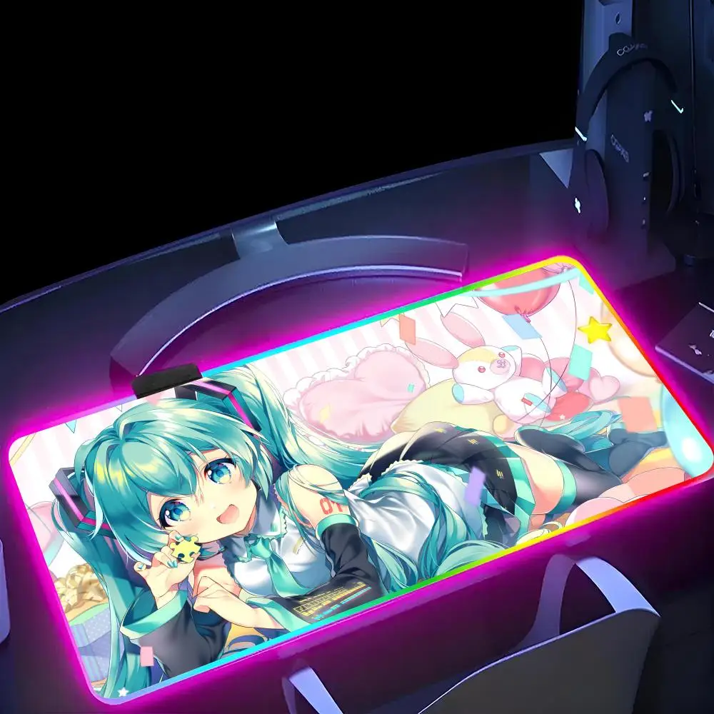 Games Hatsune Miku MINISO Mouse Pad RGB Gaming Mousepad LED Large Gamer Mousepads XXL Keyboard Pads Luminous Desk Mat Backlit