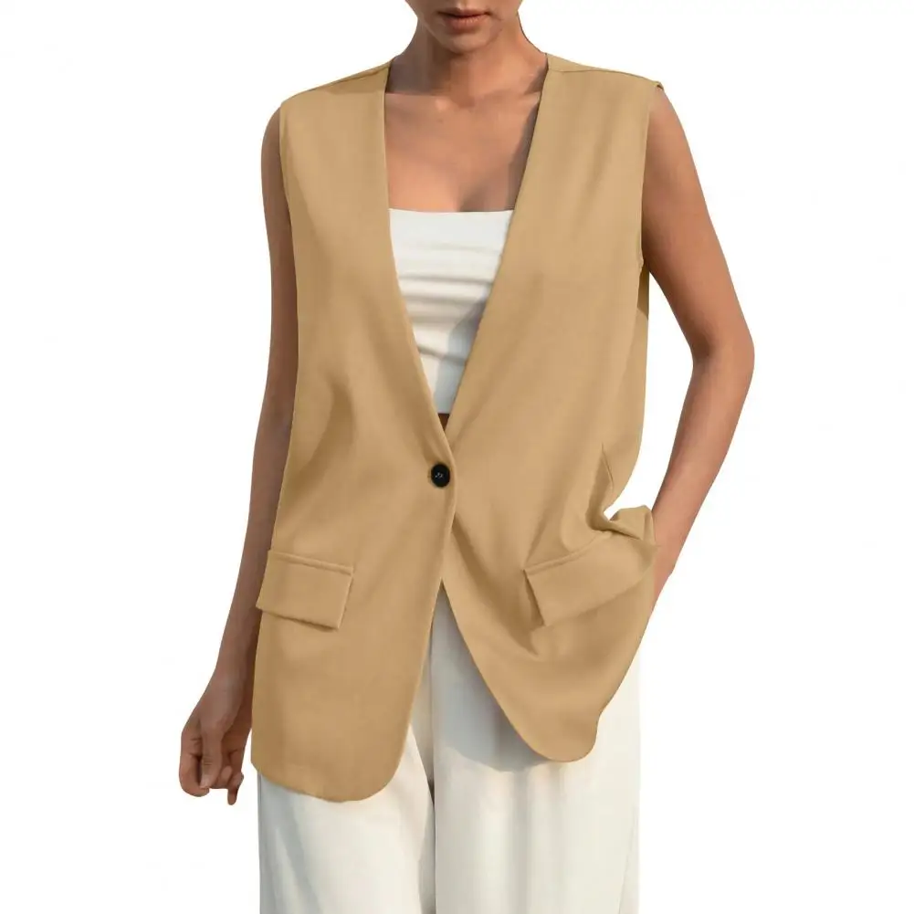 Elegant Women Vest Sleeveless Single Button Slim Cardigan Suit Coat Deep V Neck Formal Business Lady Waistcoat