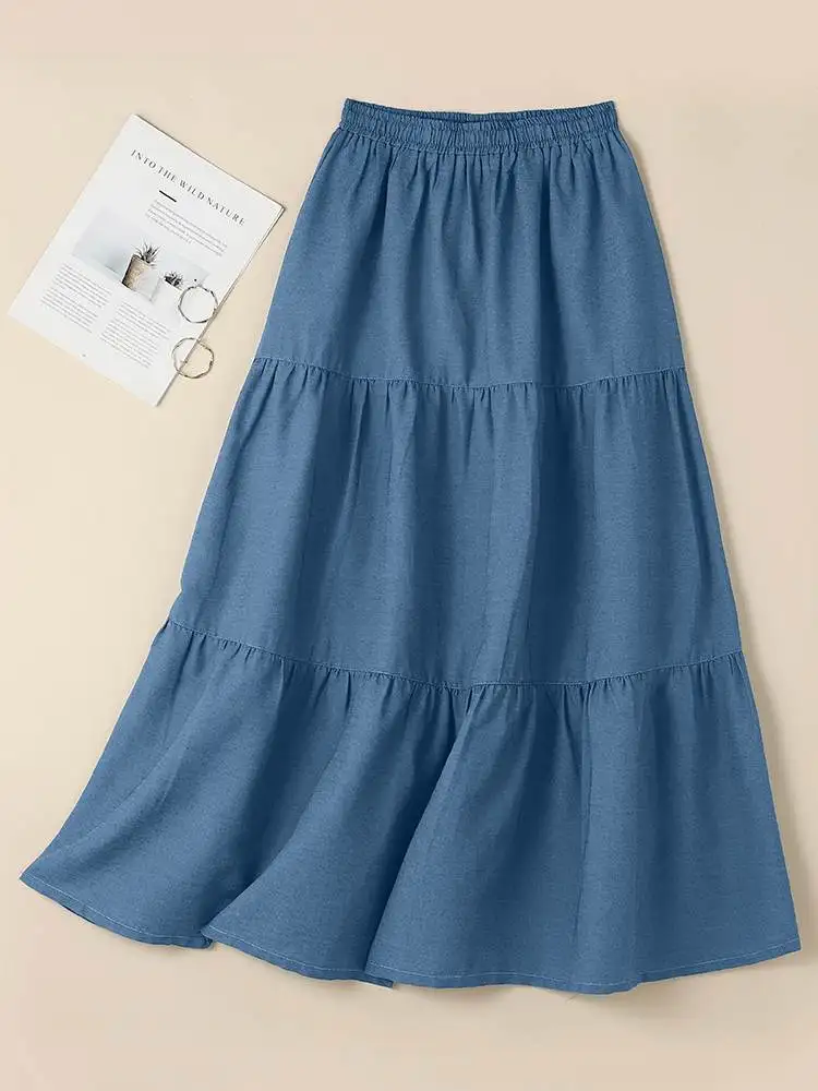 ZANZEA Autumn Sundress Elegant Women Denim Blue Skirts Work Jupe Fashion Maxi Long Vestidos Casual Elastic Waist Faldas Saia