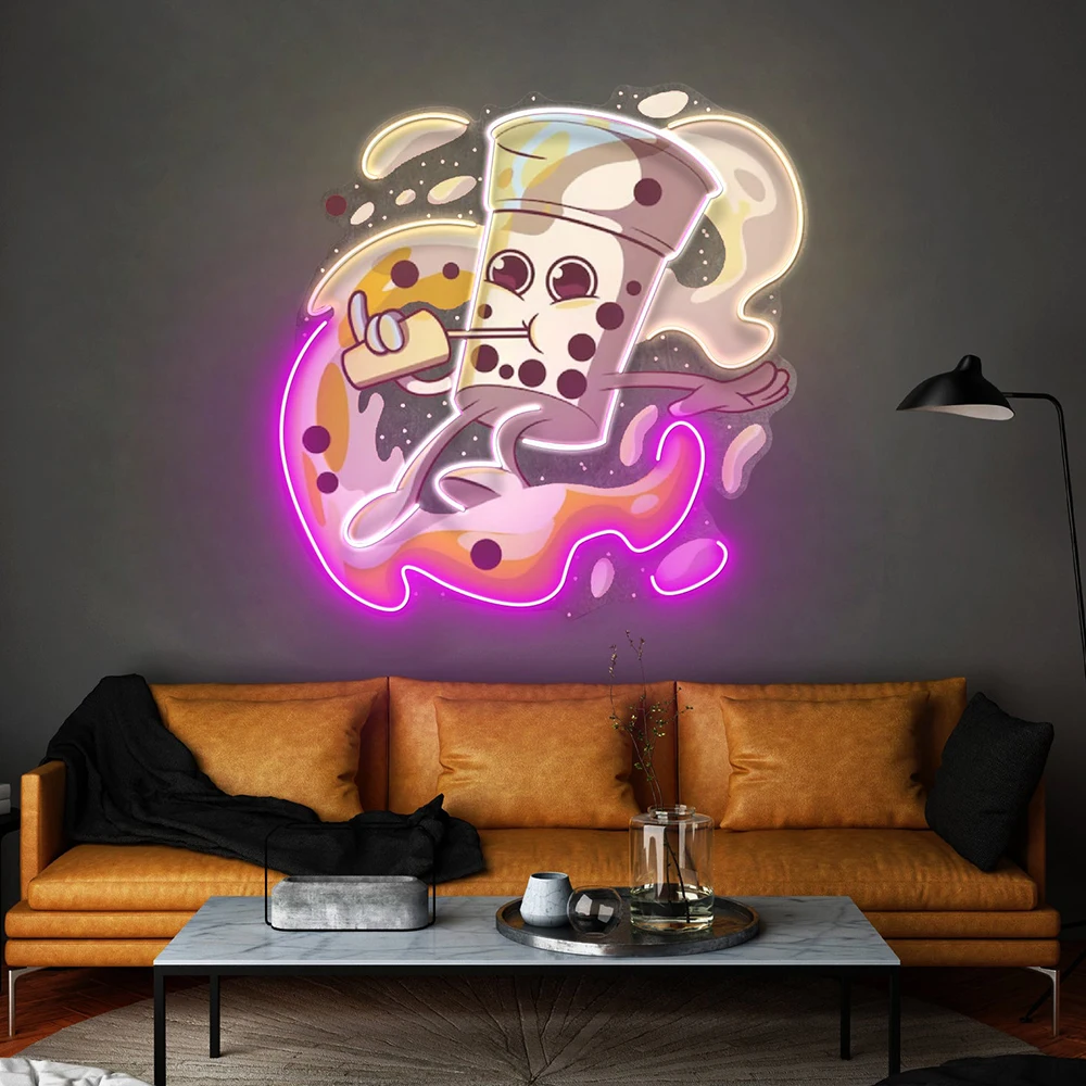 Boba Coffee Surfing Neon Light Custom Fast Food Drink Pub Coffee Bar Shop Wall Decor Personalized Gift Restaurant Welcome Sign