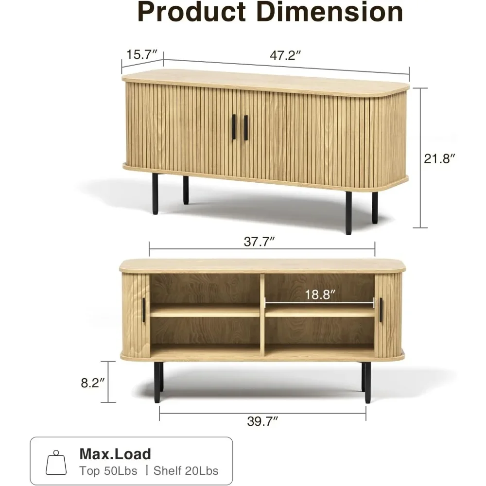 TV Cabinet.47''W Natural Storage Cabinet, Media Console, Tambour TV Stand, Television Stands with Curvy Edge; Sliding Door