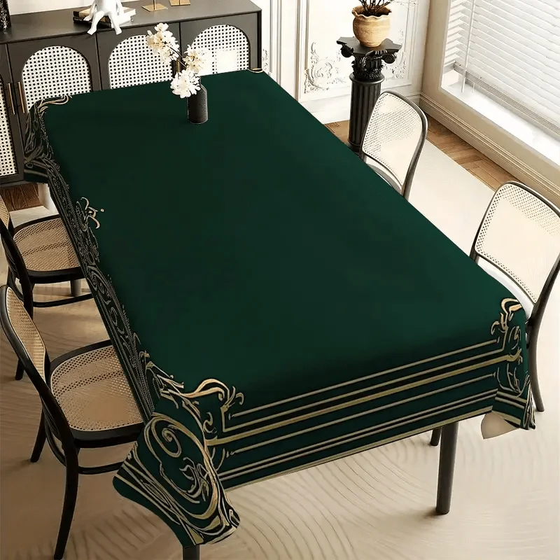 1pc Elegant Green and Gold Floral Print Tablecloth - Durable Polyester Rectangular Table Padzyc