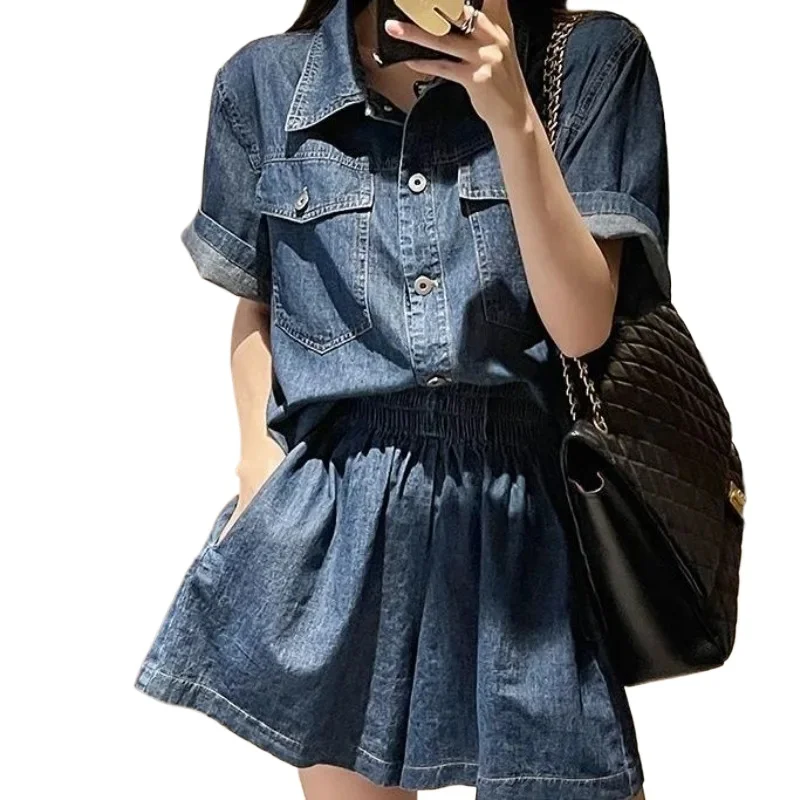 New Hong Kong Style Casual Fashion Suit Women's Summer Style Loose and Age-reducing Thin Denim Shirt Jacket Shorts Two-piece Set
