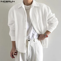 INCERUN Men Shirts Solid Color Hollow Out Lapel Long Sleeve Casual Men Clothing Streetwear 2024 Transparent Fashion Shirts S-5XL