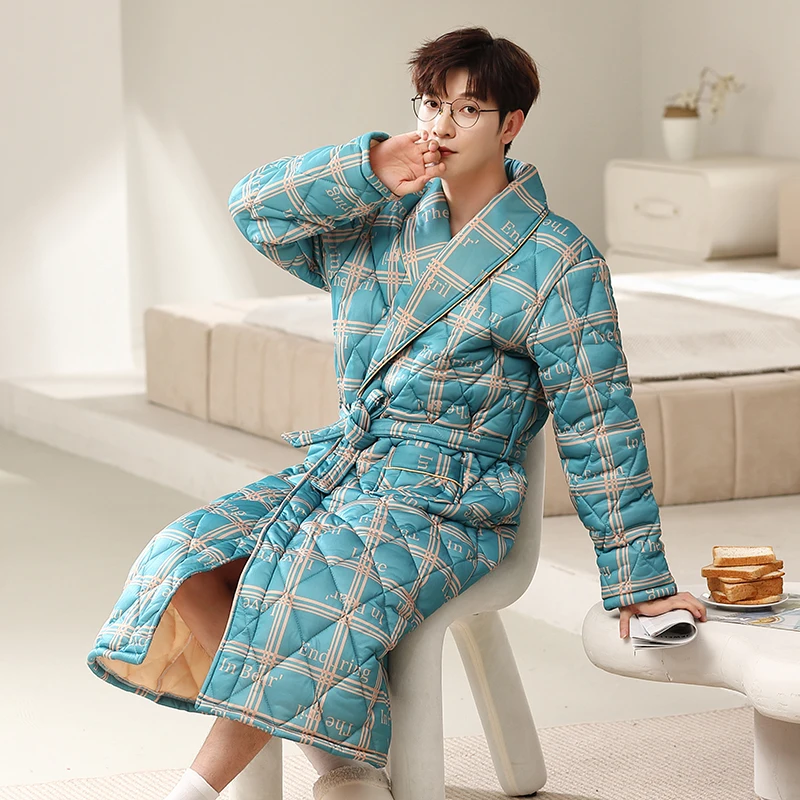 Hiver Automne Plaid 3 Couches Optique Coton Matelassé Hommes Peignoirs De Bain Gentlemen Homewear Grands Mètres L-4XL Homme Vêtements De Nuit Lounges