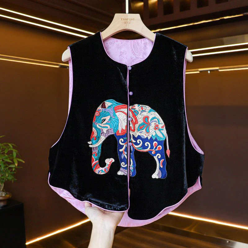 Vintage Temperament Two-color Woman Vest Round Neck Buckle Elephant Embroidery Vest Top Autumn Fashion Elegant Tang Clothing