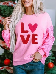 Women Valentine’s Day Sweatshirt Sweet Pink Love Letters Sequins Long Sleeve Crew Neck Hoodie Autumn Casual Loose Fit Pullover