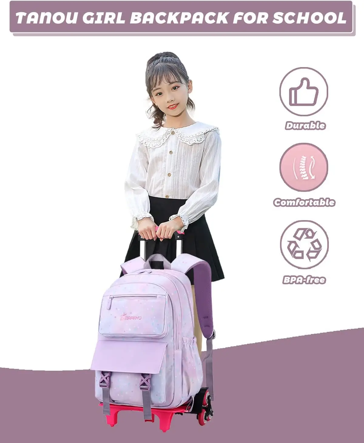 Girl's Wheeled Backpack Lightweight Primary Child Rolling Bag Wheeled Satchel for School Trips 16 Inches