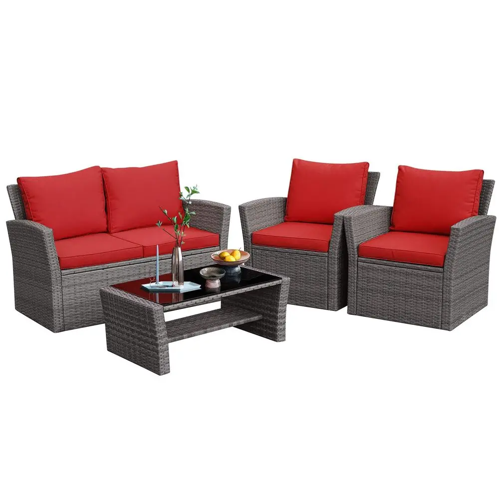 

4 PCS Wicker Patio Furniture Set with Soft Cushions amp Tempered Glass Table Outdoor Rattan Sofa Set for Backyard Garden Balcon