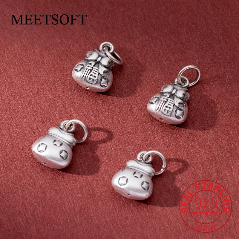 MEETSOFT 999 Silver Making Old Fu Character Money Bag Pendant DIY Handstring Retro Handmade Rope Material Accessories