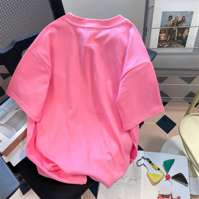 DAYIFUN-Pink Short Sleeved T-shirts for Women Kawaii 3D Rabbit Design Chic Hong Kong Style Loose Tops Versatile Tees Summer