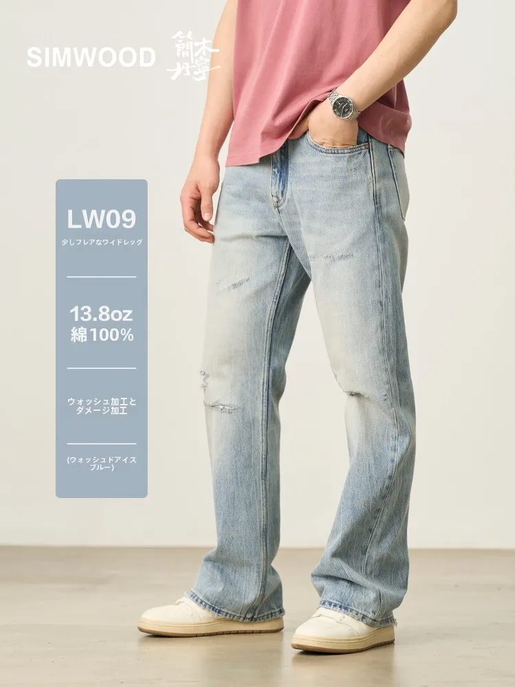 

Simwood Denim Wide Leg Jeans Tear Hole Waed Youth Faion Cotton 00% Loose Flared Pants Middle Waist Long Trousers