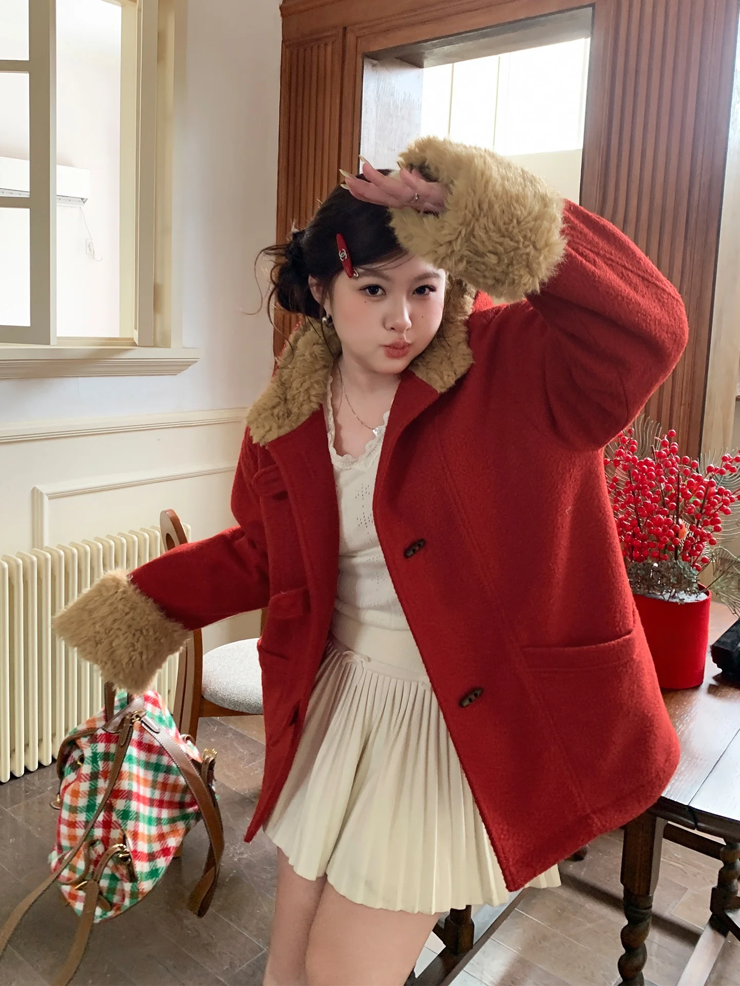 

Новое красное шерстяное пальто YuZi с капюшоном и меховым воротником в стиле «Милая принцесса» для повседневной носки, большие размеры, женская одежда