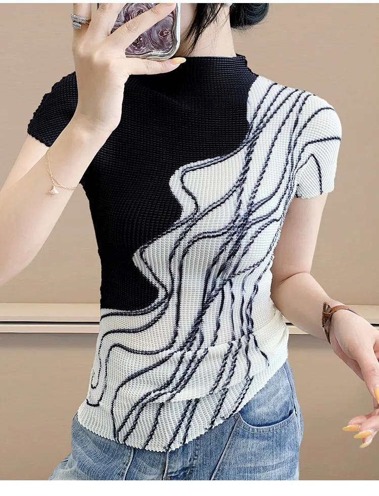 Elegant 3D printed top, women's summer fashionable pleated slim-fit short-sleeved T-shirt, factory direct sales.